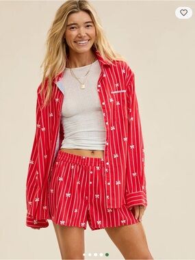 Aerie Flannel Boxer Pajama Set XS Red Bow Stripes